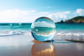 A sphere of seawater on a sandy beach, symbolizing purified water post-Fukushima. Represents safety, minimalism, and futuristic concepts amidst environmental concerns - obrazy, fototapety, plakaty