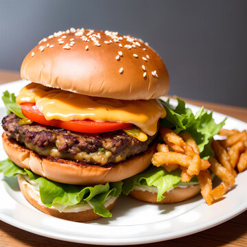 Big burger and French Fries, with Lettuce Leaves, complete with Cheese and Mayonnaise Sauce