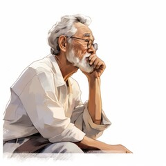Asian old man in thinking and doubts cartoon illustration. Male character with dreamy face on abstract background. Ai generated bright imaginative poster.