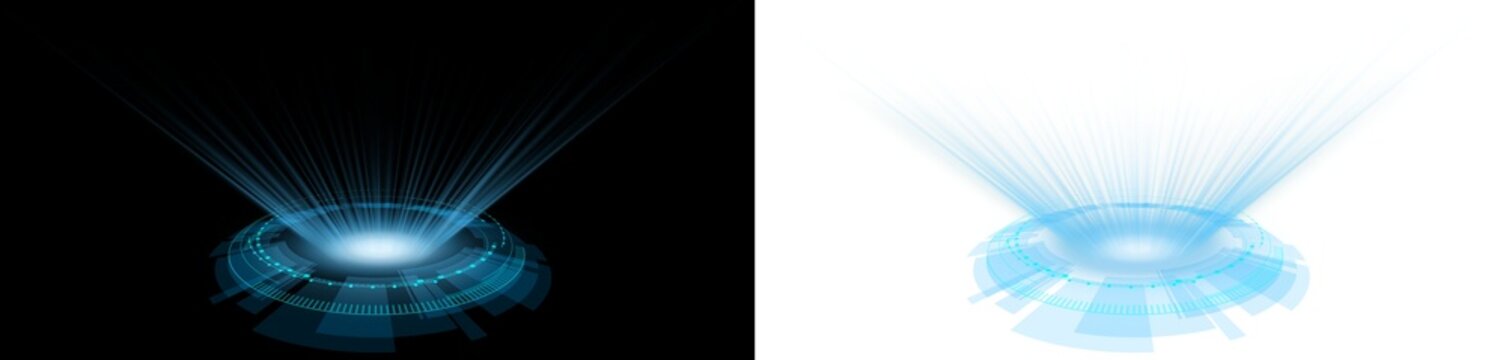 holographic circle hologram blue with spot light shining from middle. futuristic technology abstract element transparent background