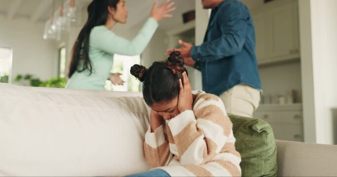 Girl on a couch, parents and fighting with divorce, home and screaming with conflict, cover ears and stress. Argument, kid on a sofa and mother with father, problems and youth anxiety with depression