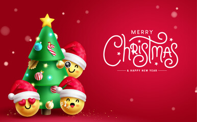 Merry christmas text vector design. Christmas pine tree ornaments with emojis characters wearing santa hat elements. Vector illustration season greeting card in red background.