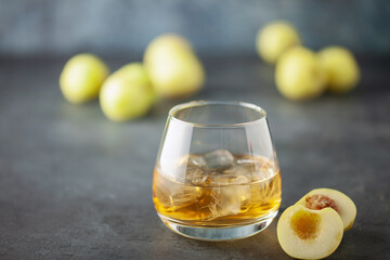 Homemade Plum Wine in Rocks and fresh Plums on the table