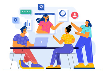 Casual cartoon business people having an online business meeting, Video conference, Work from home flat illustration vector concept, Distant business communication, Webinar