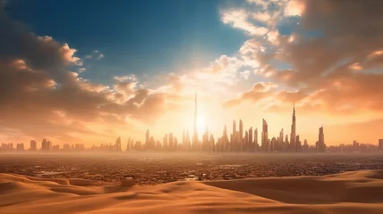Foto op Plexiglas photograph of Desert dubai city background united arab emirates beautiful sky in the morning sunrise. Generative Ai wide angle lens realistic morning light.generative ai © JKLoma
