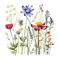 Wild flowers vector collection. Hand-drawn illustration isolated on white background. generative ai.