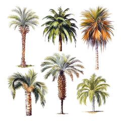 Many style of palm tree lsolated with white background. Generative ai.