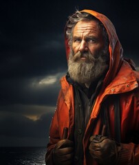 An old fisherman in a raincoat stands during a thunderstorm with copy space. Generative AI