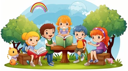 Fotobehang  children are reading books, generative ai © myAstock