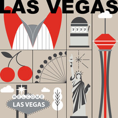 Typography word "Las Vegas" branding technology concept. Collection of flat vector web icons, culture travel set, famous architectures, specialties detailed silhouette. American famous landmark.