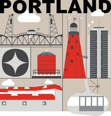 Typography word "Portland" branding technology concept. Collection of flat vector web icons. Culture travel set, famous architectures, specialties detailed silhouette. American famous landmark