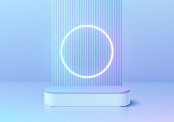 3D background with blue hologram round podium pedestal and circle glowing neon on vertical pattern wall scene. Abstract composition in minimal design. Platforms product presentation. Stage showcase.