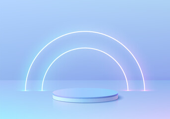 3D podium background with realistic blue hologram cylinder pedestal and semi circle glowing neon on wall scene. Abstract composition in minimal design. Platforms product presentation. Stage showcase.