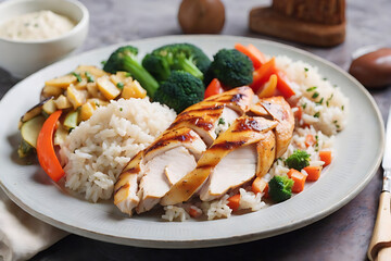 A plate of chicken breast with rice