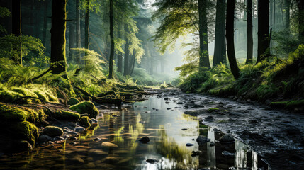 A serene forest scene at dawn, with a light mist covering the forest floor and a small stream winding its way through