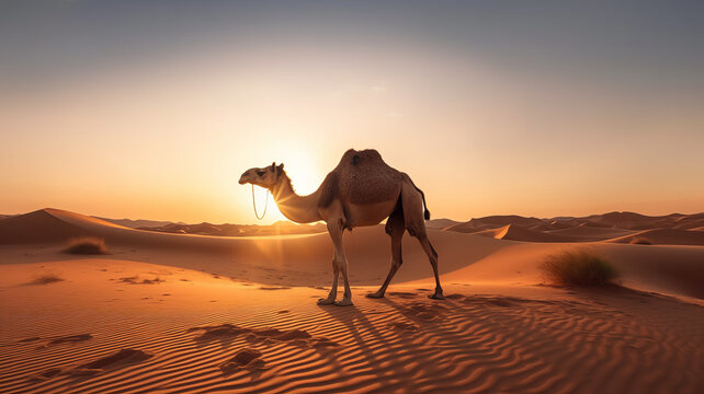 photograph of silhouette of a camel in the desert Dubai, United Arab Emirates, beautiful sky at sunrise wide angle lens realistic sunlight,generative ai