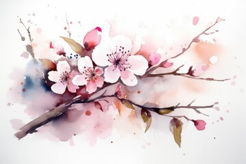 beautiful watercolor sakura branch isolated on white, AI Generated