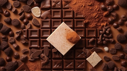 photograph of Top view of Composition of bars and pieces of different milk and dark chocolate, grated cocoa on a brown background macro lens realistic natural lighting.generative ai