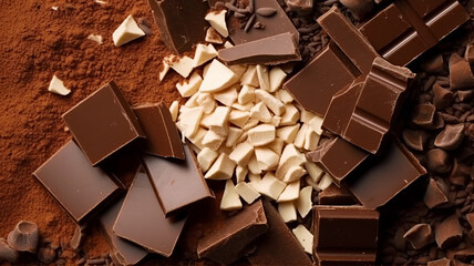photograph of Top view of Composition of bars and pieces of different milk and dark chocolate, grated cocoa on a brown background macro lens realistic natural lighting,Generative ai