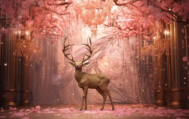 illustration, stag standing on stage full of pink flower blossom petal, Generative Ai
