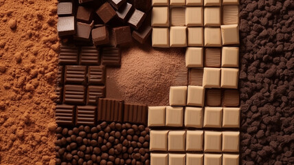 photograph of Top view of Composition of bars and pieces of different milk and dark chocolate, grated cocoa on a brown background macro lens realistic natural lighting,Generative ai - obrazy, fototapety, plakaty