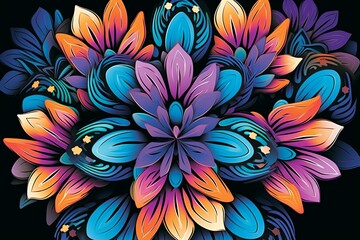 Colorful Vibrant Hand Drawn Radiant Unique Flowers Graphic Illustration Art