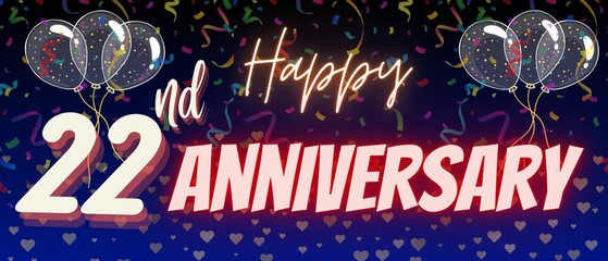 22nd anniversary celebration with calligraphy text background. Birthday and anniversary banner, balloon, confetti and gradient background 