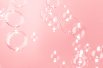 Beautiful Transparent Shiny Pink Soap Bubbles Floating in The Air. Abstract Background, Pink Textured, Celebration Festive Romance Backdrop, Refreshing of Soap Suds, Bubbles Water.