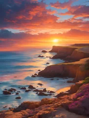 Fotobehang sunset over coastline vibrant colors © Nim