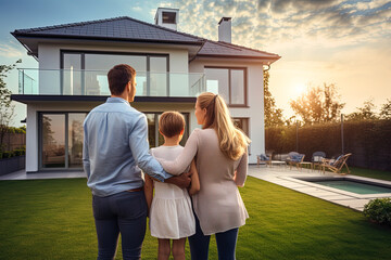 Happy family standing looking on their new modern house and hugging, rear view. Mortgage, home loan concept - obrazy, fototapety, plakaty