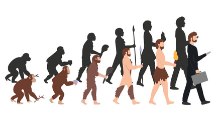 human evolution different stage illustration white back ground - obrazy, fototapety, plakaty