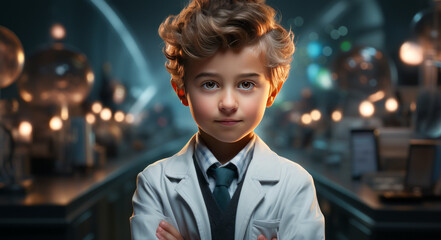 Fototapeta premium full body portrait, cute hyperrealistic boy, arms crossed, wearing doctor clothes, bright background, studio lighting.generative ai