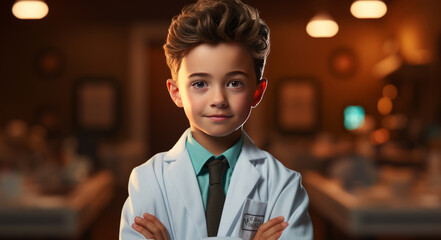 Fototapeta premium full body portrait, cute hyperrealistic boy, arms crossed, wearing doctor clothes, bright background, studio lighting.generative ai