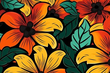 Colorful Vibrant Hand Drawn Unique Flowers Graphic Illustration Background