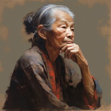 Asian old woman in thinking and doubts oil painted illustration. Female character with dreamy face on abstract background. Ai generated acrylic canvas bright poster.