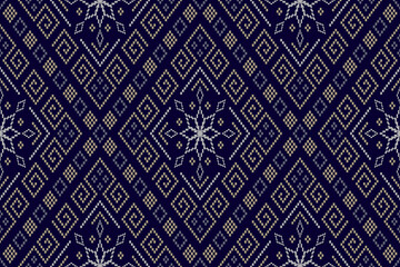 Indigo navy blue geometric traditional ethnic pattern Ikat seamless pattern border abstract design for fabric print cloth dress carpet curtains and sarong Aztec African Indian Indonesian 