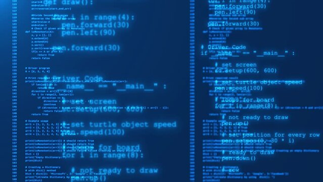 4K Programming code running over computer screen terminal. computer virtual space. Program development and security hacking code. Data flow animation. IT, software development