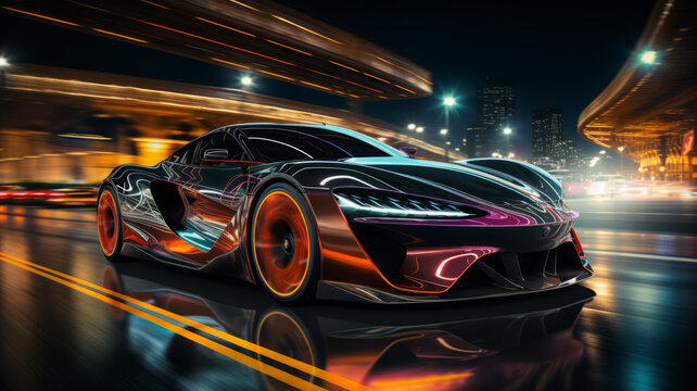 Futuristic Sports Car On Neon Highway, Powerful acceleration of a supercar with colorful lights trails, generative ai
