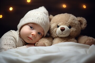 cute new born boy sleeping with his teddy, generative Ai
