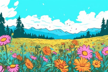 Fototapeta na wymiar Colorized Drawing of a Countryside Flower Meadow