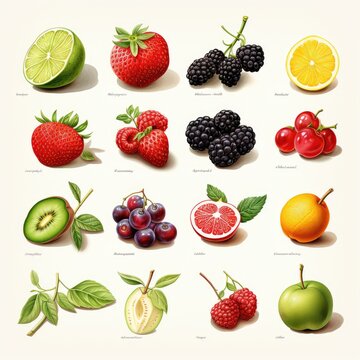 watercolor fresh summer fruit set isolated on white, AI Generated