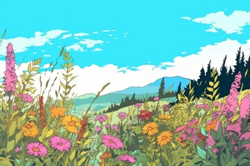 Colorized Drawing of a Countryside Flower Meadow