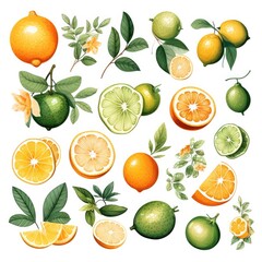 watercolor fresh summer citrus fruit set isolated on white, AI Generated