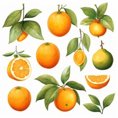 watercolor set of tangerines isolated on white, AI Generated