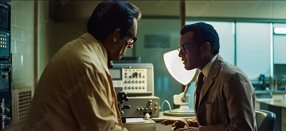 Poster couple of men sitting next to each other in front of computer