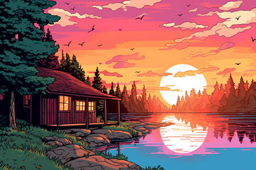 Colorized Drawing of a Summer Cottage