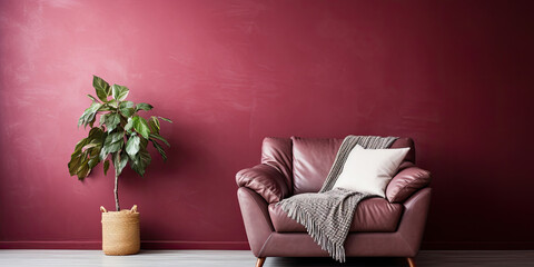 Burgundy Wall with Modern Armchair and Plant Decoration