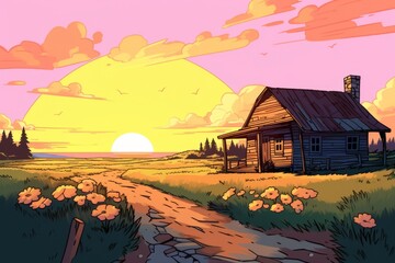 Colorized Drawing of a Summer Cottage