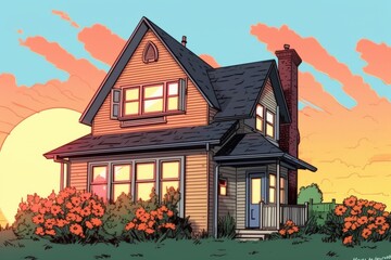 Colorized Drawing of a Summer Suburban House