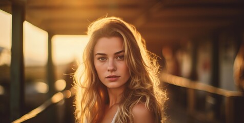 Fototapeta na wymiar Portrait of a beautiful woman at sunset. Generative AI